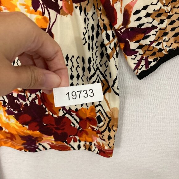 New Chenault Brown Orange Floral Stretch Knit Tie Front Feminine Blouse Large - Picture 9 of 9